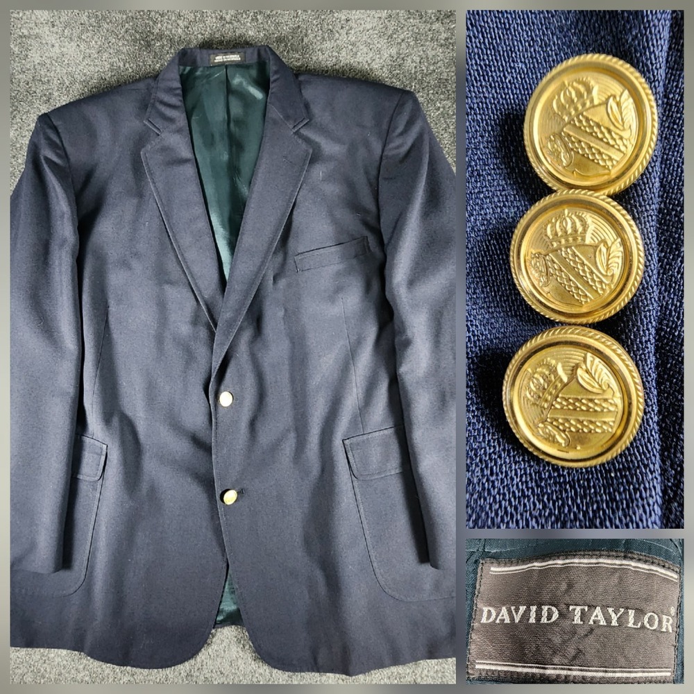 VTG David Taylor 52L Navy Blue Hopsack Gold Button Mens Blazer Sport Coat Jacket
